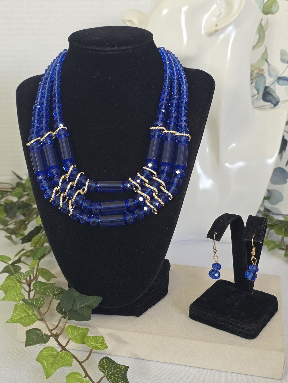 Chunky Royal Blue Multi Strand Bead Statement Necklace & Earrings Set Gold Tone